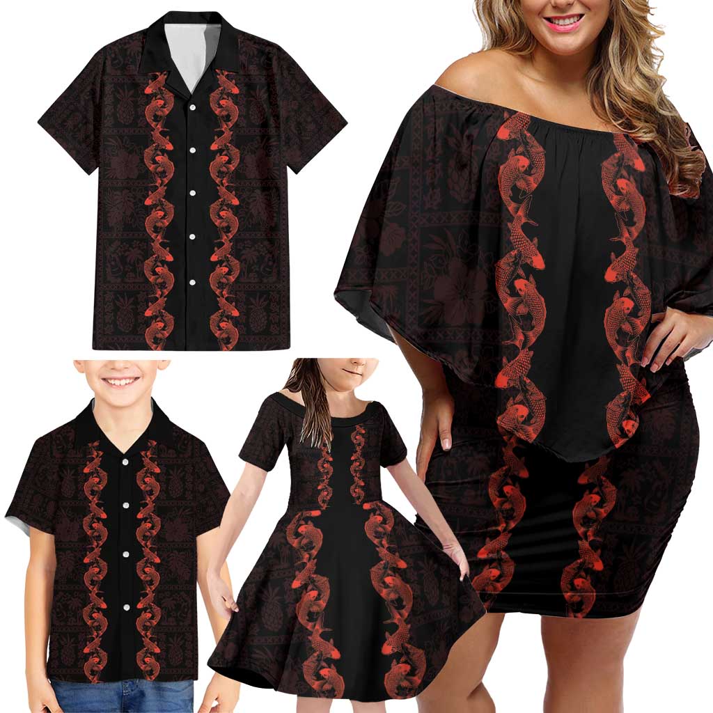 Hawaii Japan Koi Fish Red Family Matching Off Shoulder Short Dress and Hawaiian Shirt Tapa Pattern - Polynesian Pride