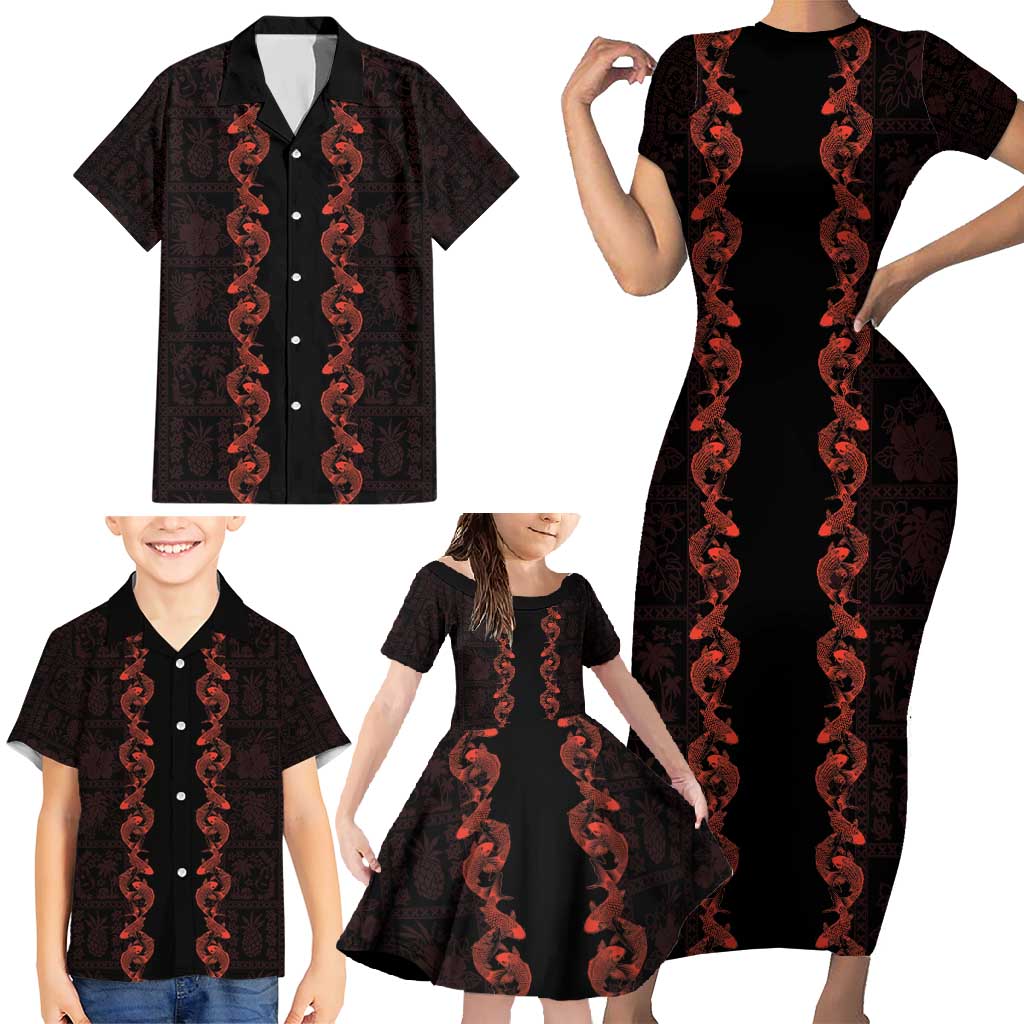 Hawaii Japan Koi Fish Red Family Matching Short Sleeve Bodycon Dress and Hawaiian Shirt Tapa Pattern - Polynesian Pride