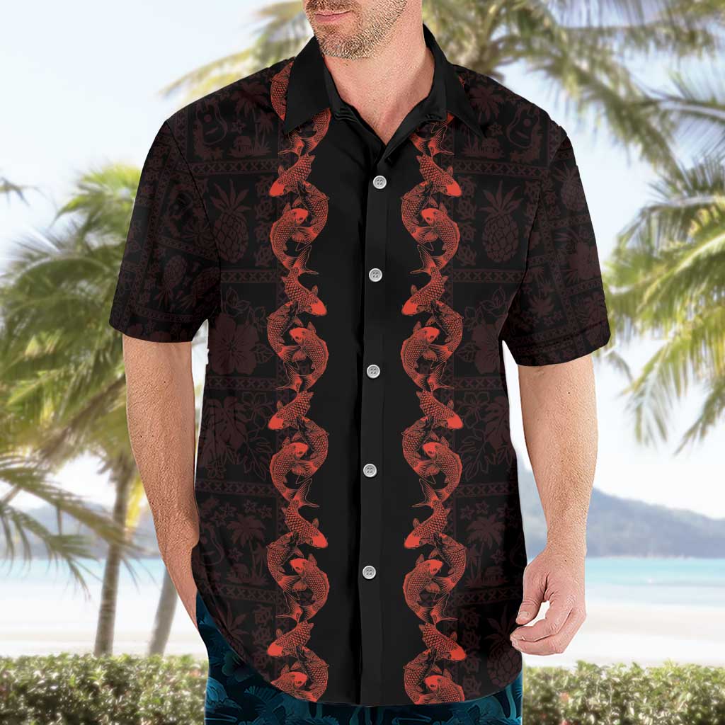 Hawaii Japan Koi Fish Red Hawaiian Shirt Tapa Pattern - Polynesian Pride