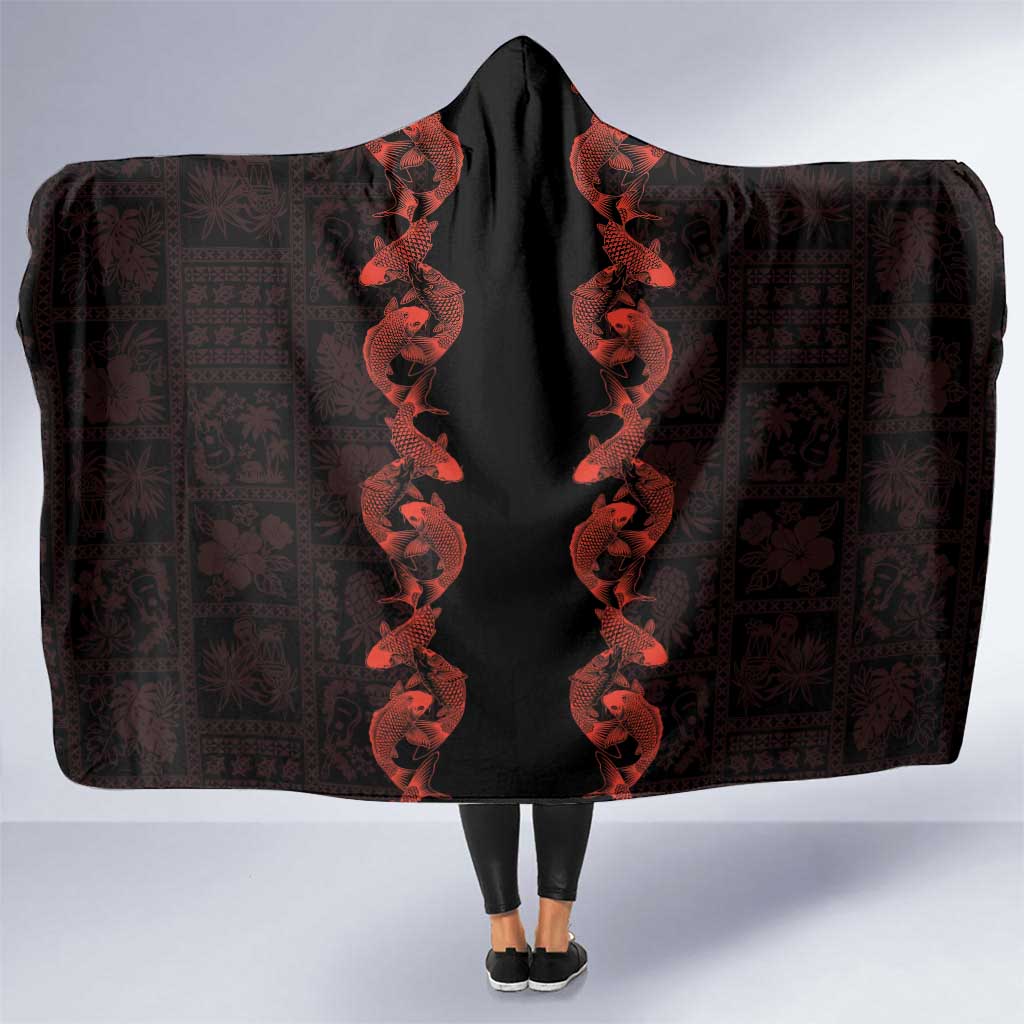 Hawaii Japan Koi Fish Red Hooded Blanket Tapa Pattern - Polynesian Pride