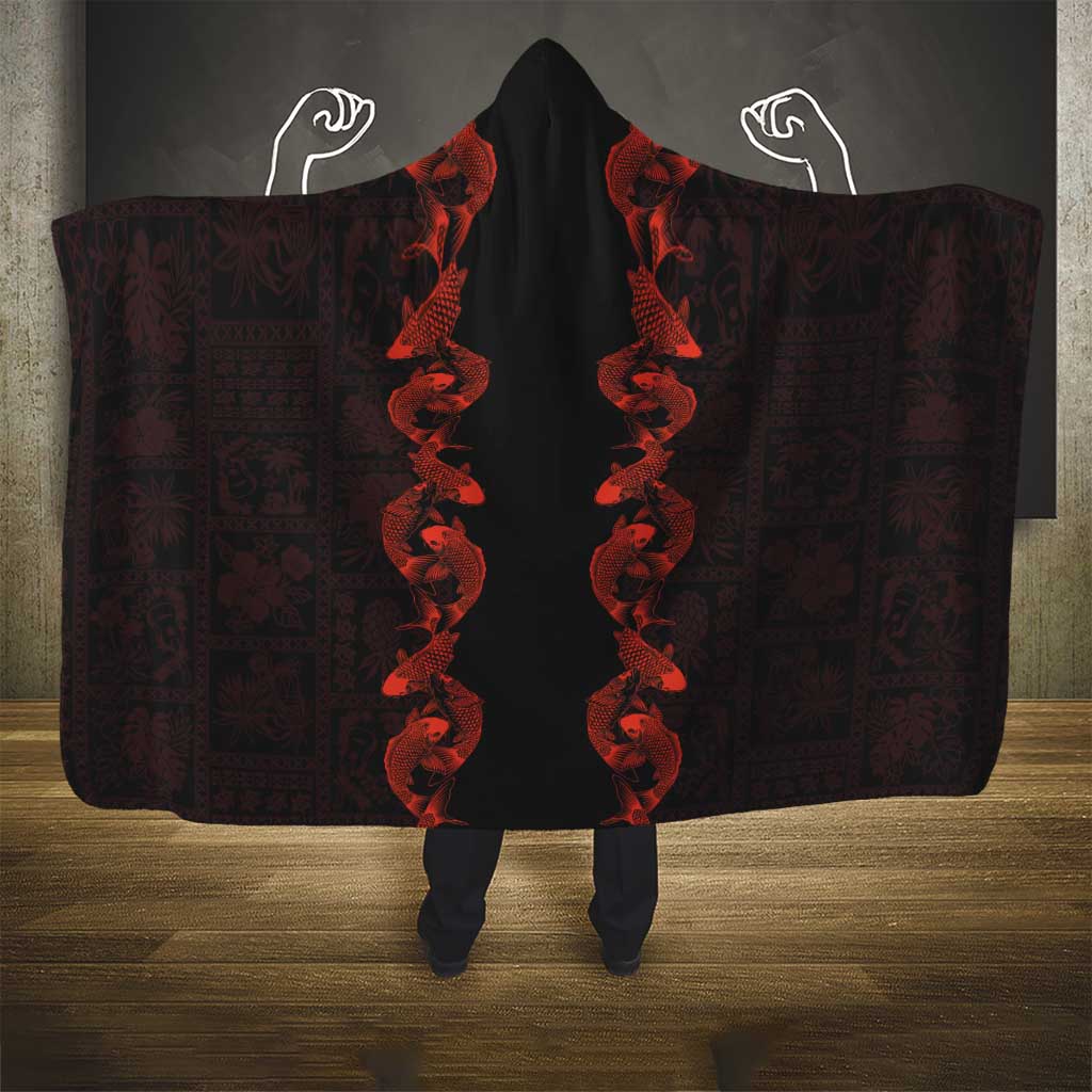 Hawaii Japan Koi Fish Red Hooded Blanket Tapa Pattern - Polynesian Pride