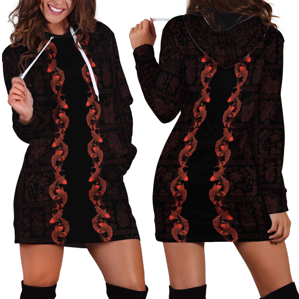 Hawaii Japan Koi Fish Red Hoodie Dress Tapa Pattern - Polynesian Pride