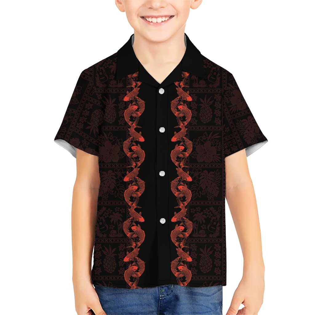 Hawaii Japan Koi Fish Red Kid Hawaiian Shirt Tapa Pattern - Polynesian Pride