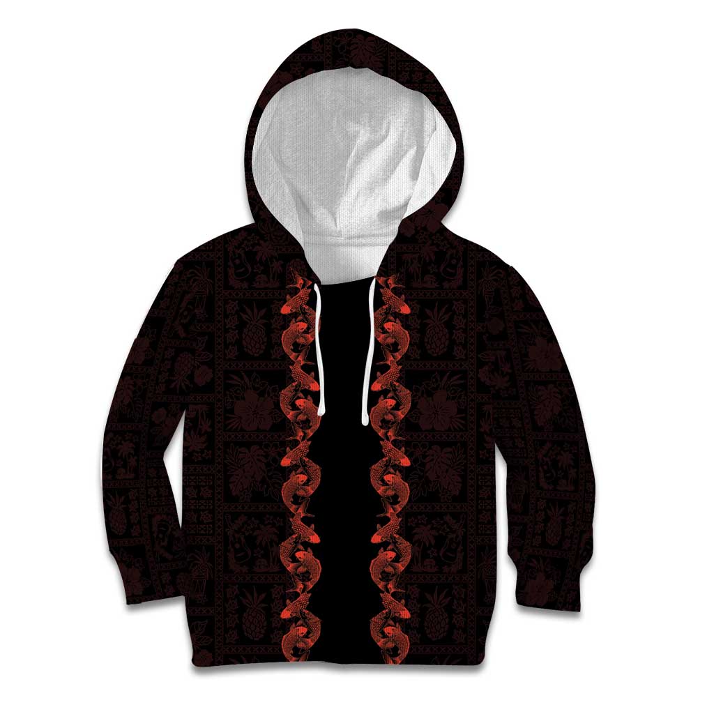 Hawaii Japan Koi Fish Red Kid Hoodie Tapa Pattern - Polynesian Pride