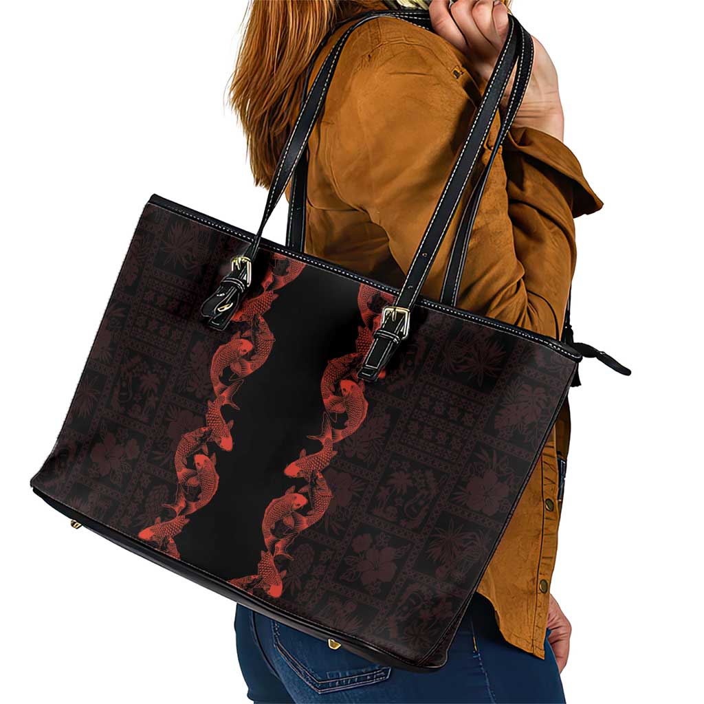 Hawaii Japan Koi Fish Red Leather Tote Bag Tapa Pattern - Polynesian Pride