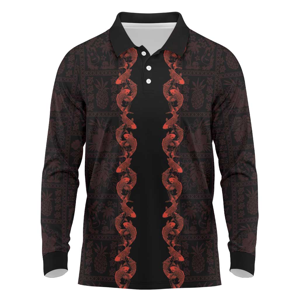 Hawaii Japan Koi Fish Red Long Sleeve Polo Shirt Tapa Pattern - Polynesian Pride