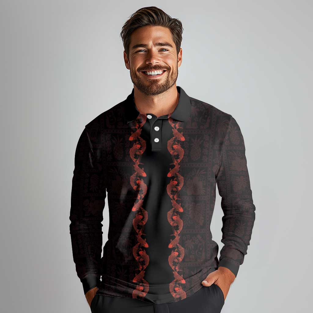 Hawaii Japan Koi Fish Red Long Sleeve Polo Shirt Tapa Pattern - Polynesian Pride