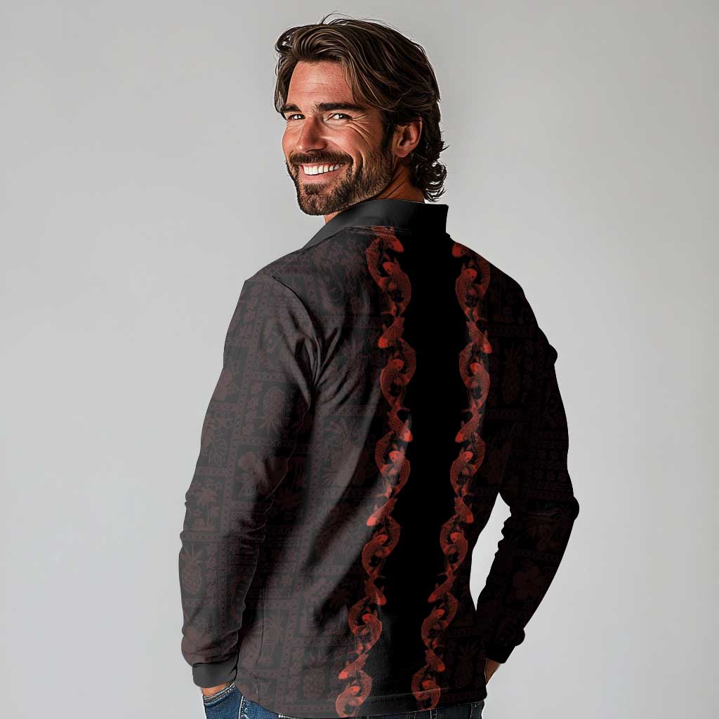Hawaii Japan Koi Fish Red Long Sleeve Polo Shirt Tapa Pattern - Polynesian Pride