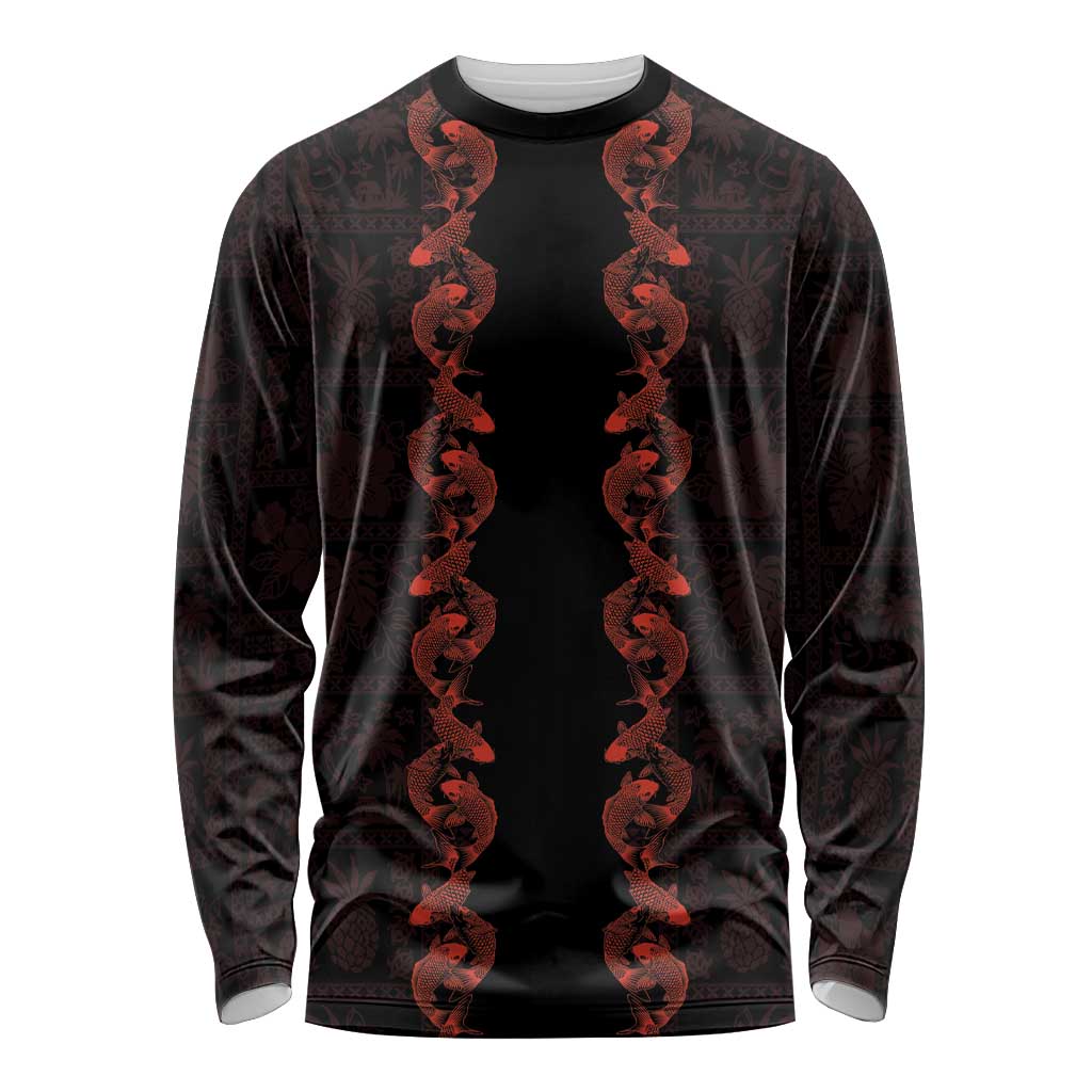 Hawaii Japan Koi Fish Red Long Sleeve Shirt Tapa Pattern - Polynesian Pride