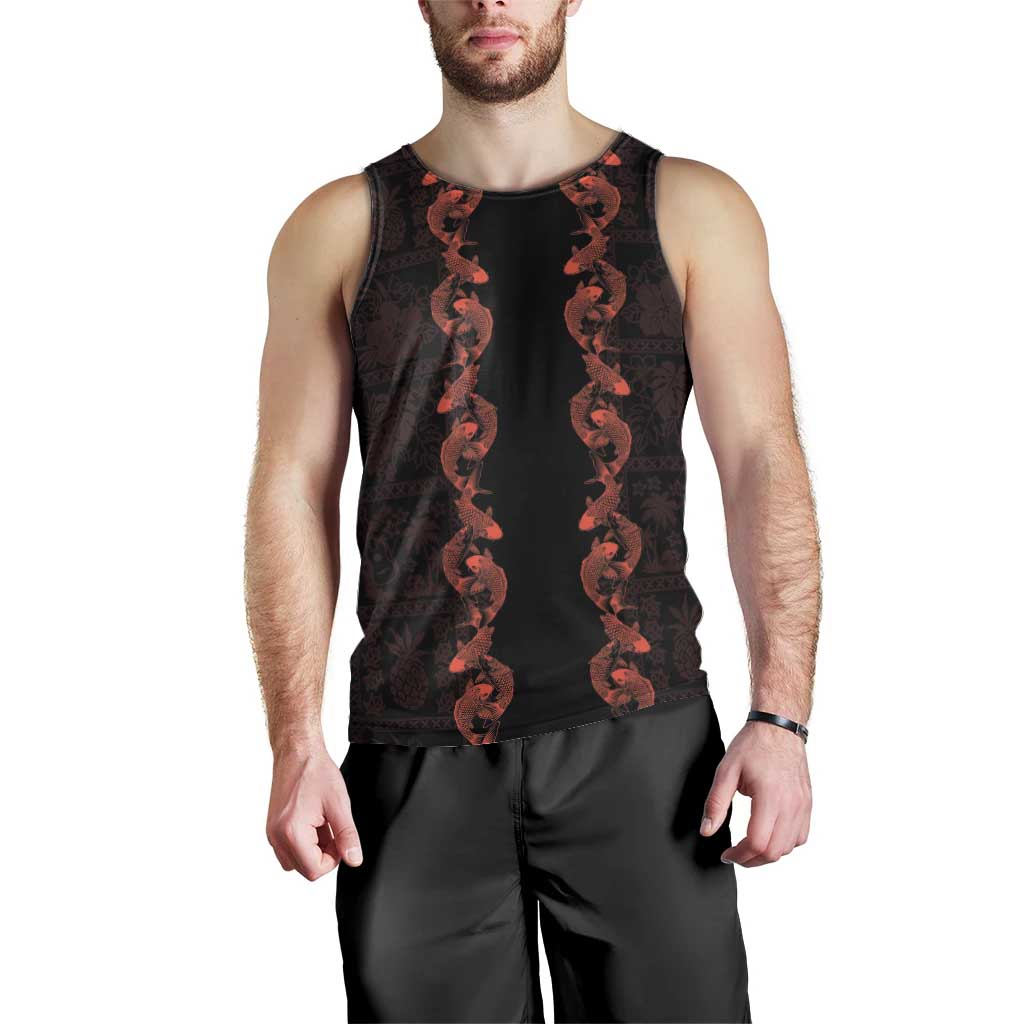 Hawaii Japan Koi Fish Red Men Tank Top Tapa Pattern - Polynesian Pride