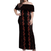 Hawaii Japan Koi Fish Red Off Shoulder Maxi Dress Tapa Pattern - Polynesian Pride