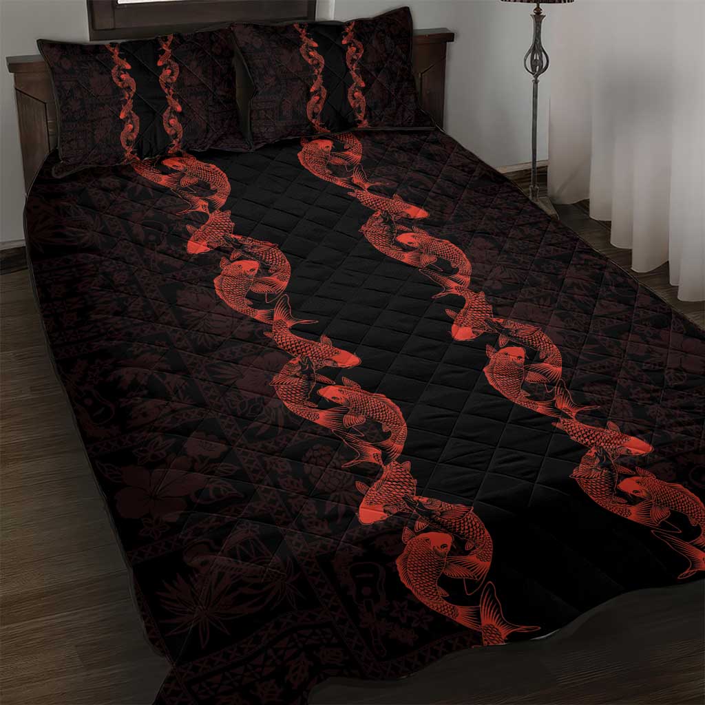 Hawaii Japan Koi Fish Red Quilt Bed Set Tapa Pattern - Polynesian Pride