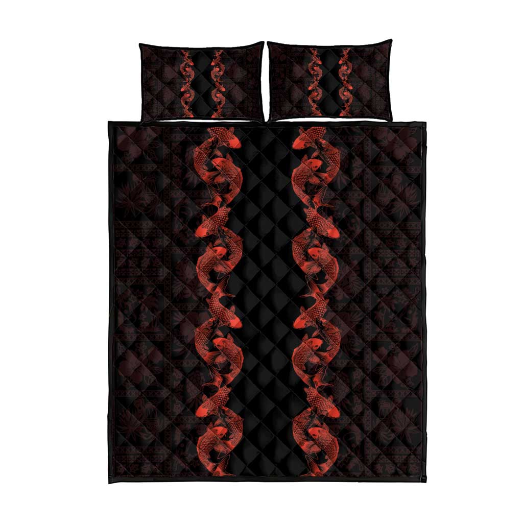 Hawaii Japan Koi Fish Red Quilt Bed Set Tapa Pattern - Polynesian Pride