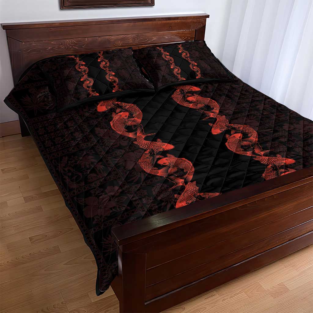 Hawaii Japan Koi Fish Red Quilt Bed Set Tapa Pattern - Polynesian Pride