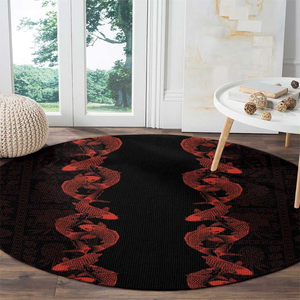 Hawaii Japan Koi Fish Red Round Carpet Tapa Pattern - Polynesian Pride