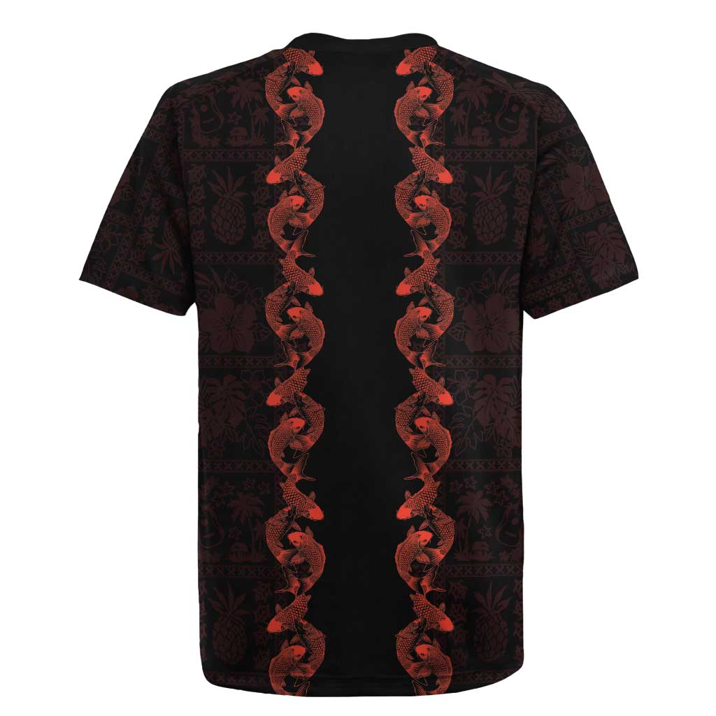 Hawaii Japan Koi Fish Red Rugby Jersey Tapa Pattern - Polynesian Pride
