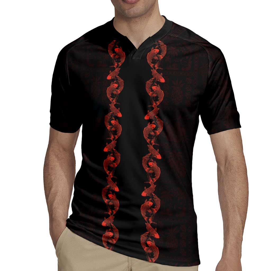 Hawaii Japan Koi Fish Red Rugby Jersey Tapa Pattern - Polynesian Pride