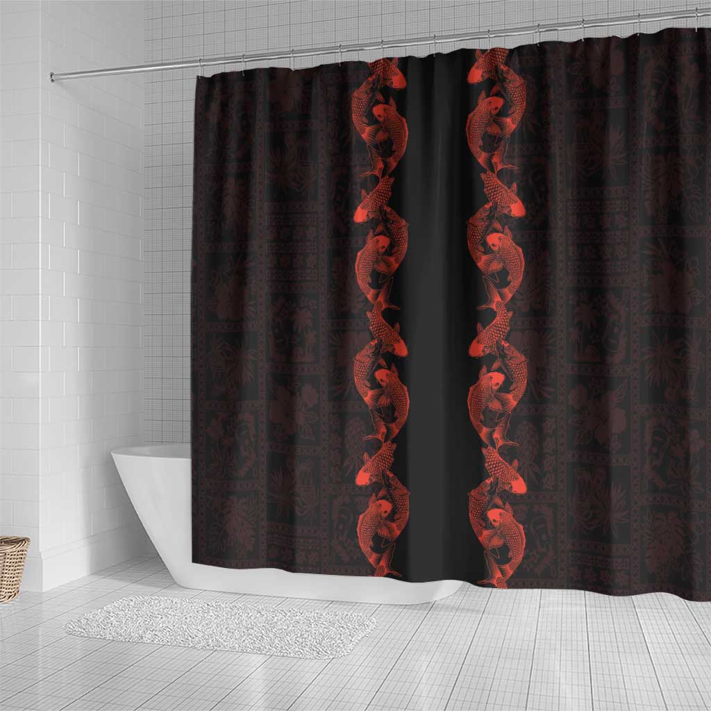 Hawaii Japan Koi Fish Red Shower Curtain Tapa Pattern - Polynesian Pride