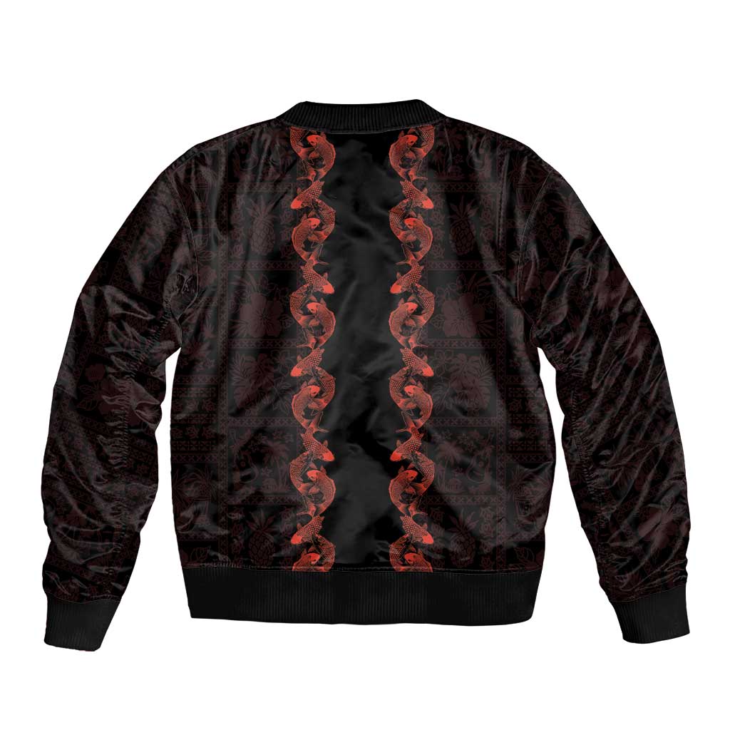 Hawaii Japan Koi Fish Red Sleeve Zip Bomber Jacket Tapa Pattern - Polynesian Pride