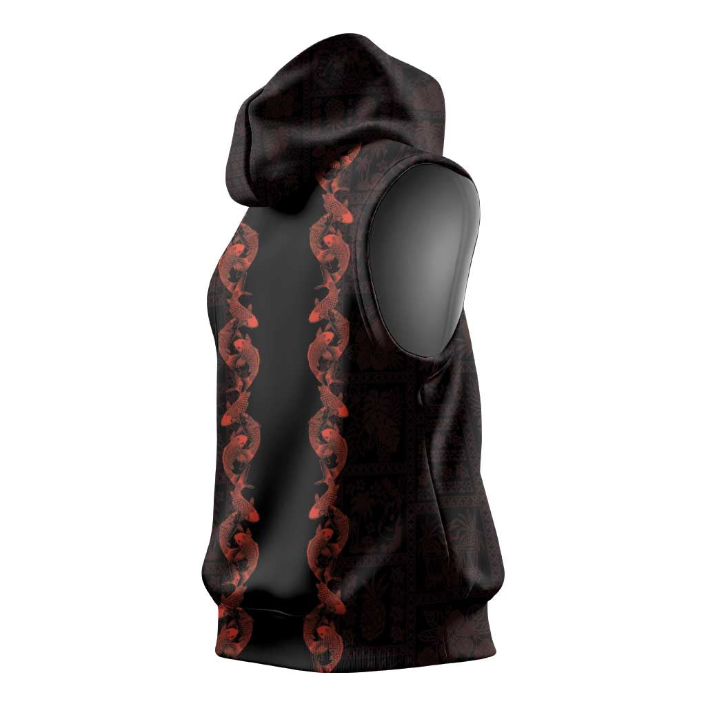Hawaii Japan Koi Fish Red Sleeveless Hoodie Tapa Pattern - Polynesian Pride