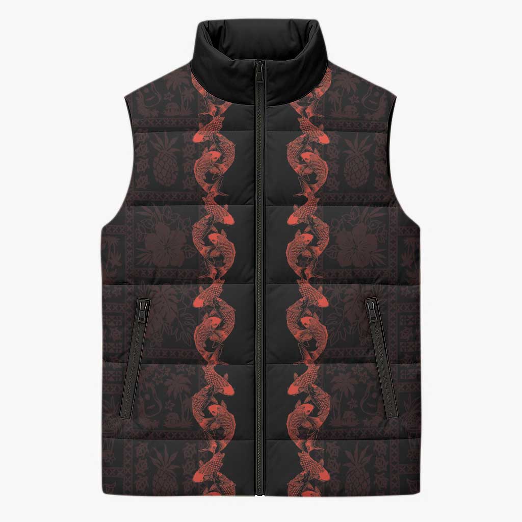 Hawaii Japan Koi Fish Red Sleeveless Puffer Jacket Tapa Pattern - Polynesian Pride