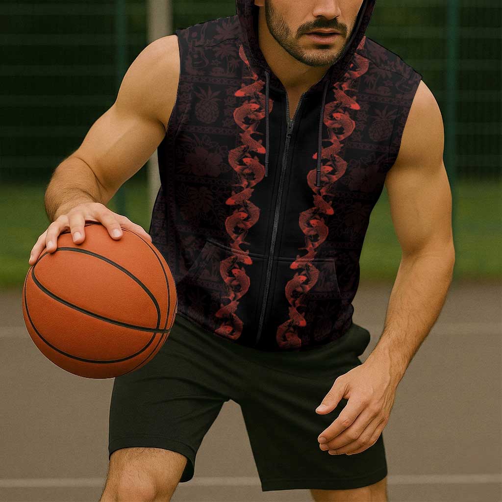 Hawaii Japan Koi Fish Red Sleeveless Zip Hoodie Tapa Pattern - Polynesian Pride