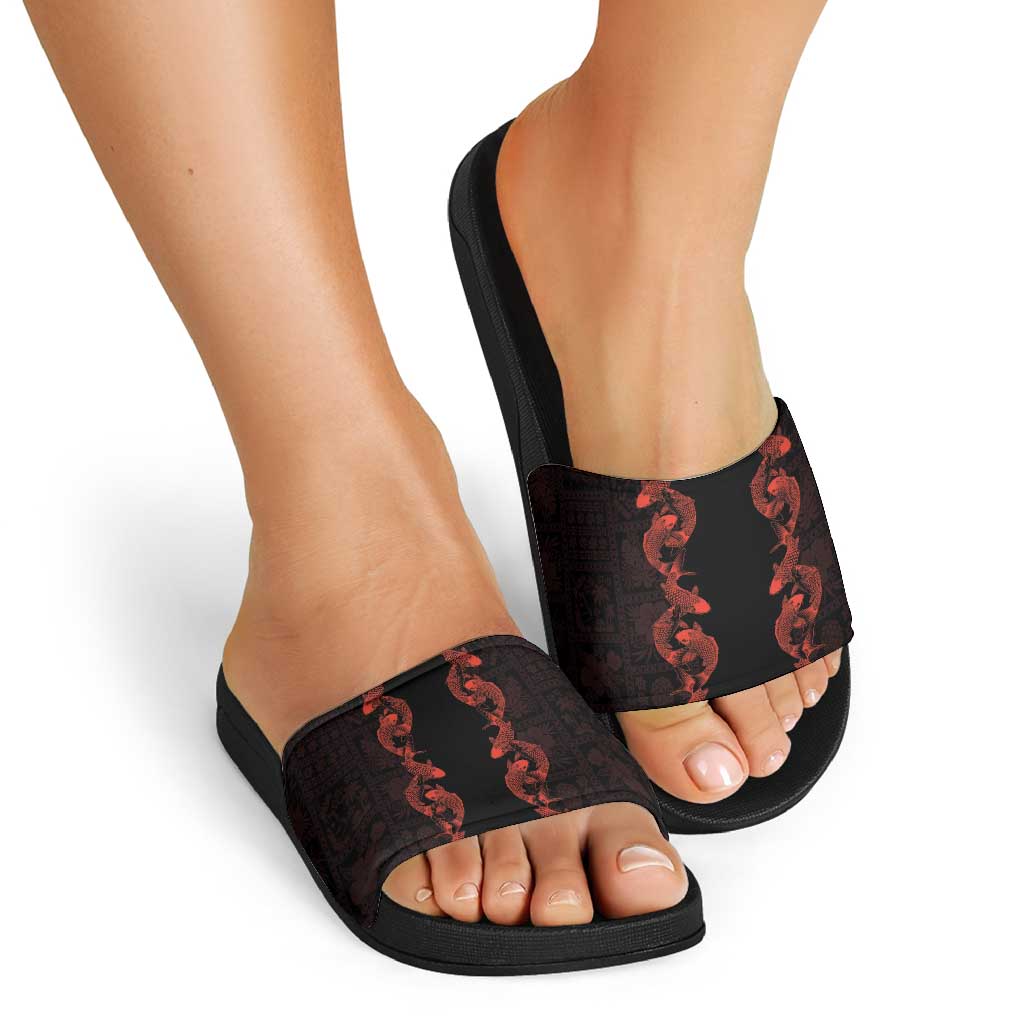 Hawaii Japan Koi Fish Red Slide Sandals Tapa Pattern - Polynesian Pride