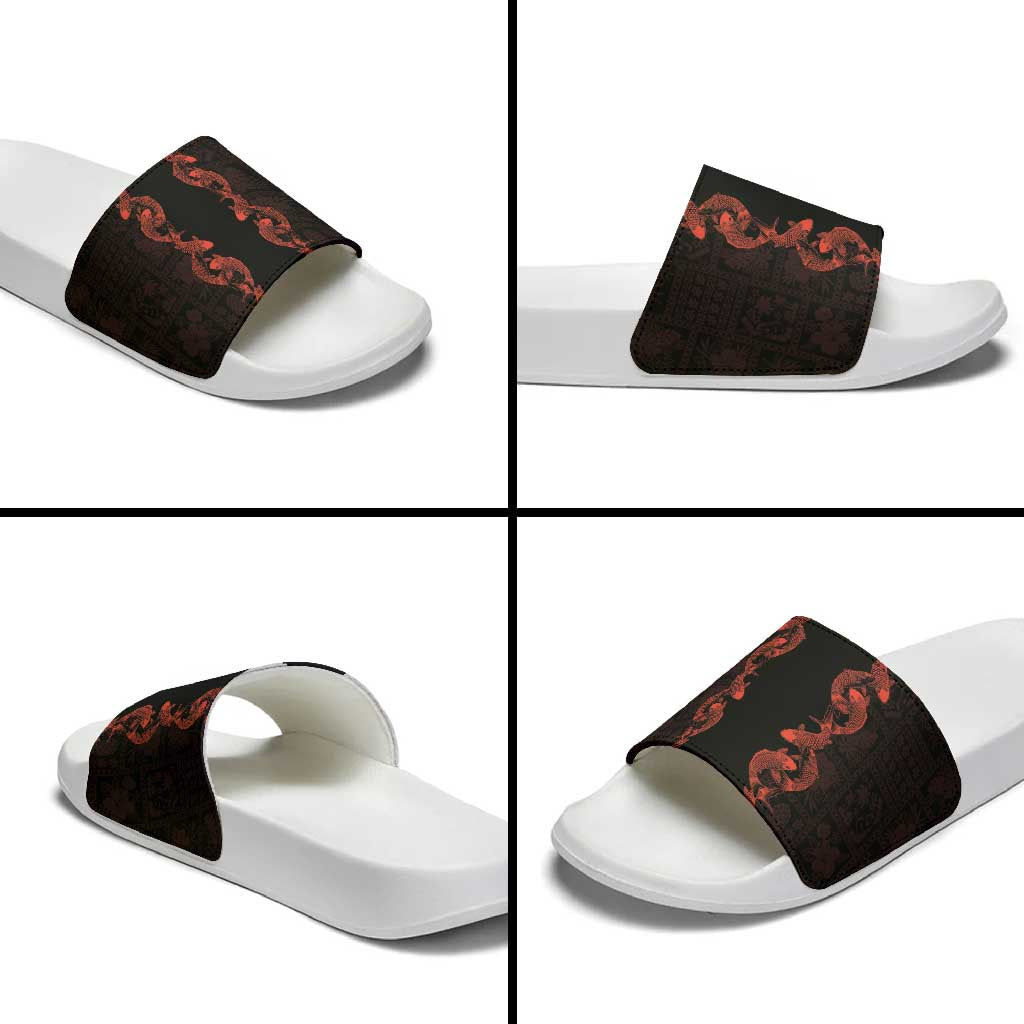 Hawaii Japan Koi Fish Red Slide Sandals Tapa Pattern - Polynesian Pride