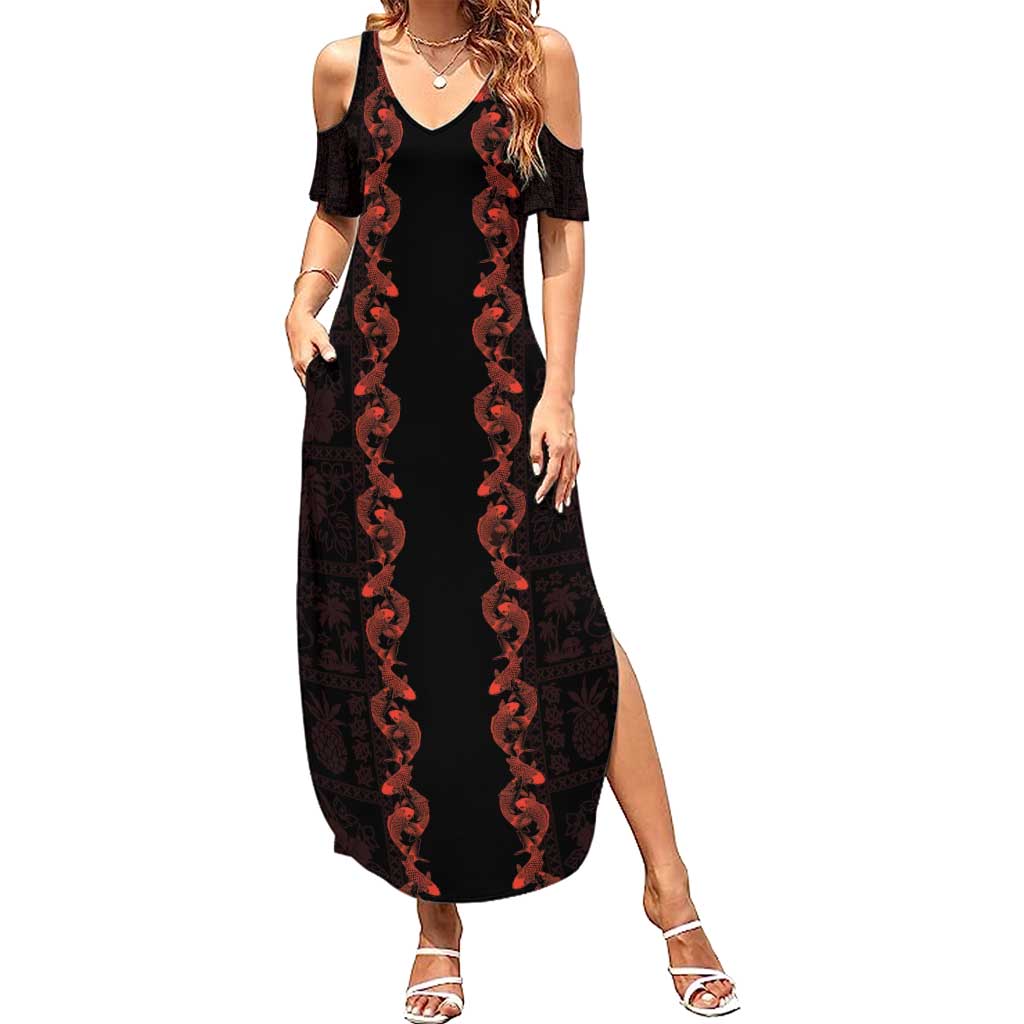 Hawaii Japan Koi Fish Red Summer Maxi Dress Tapa Pattern - Polynesian Pride