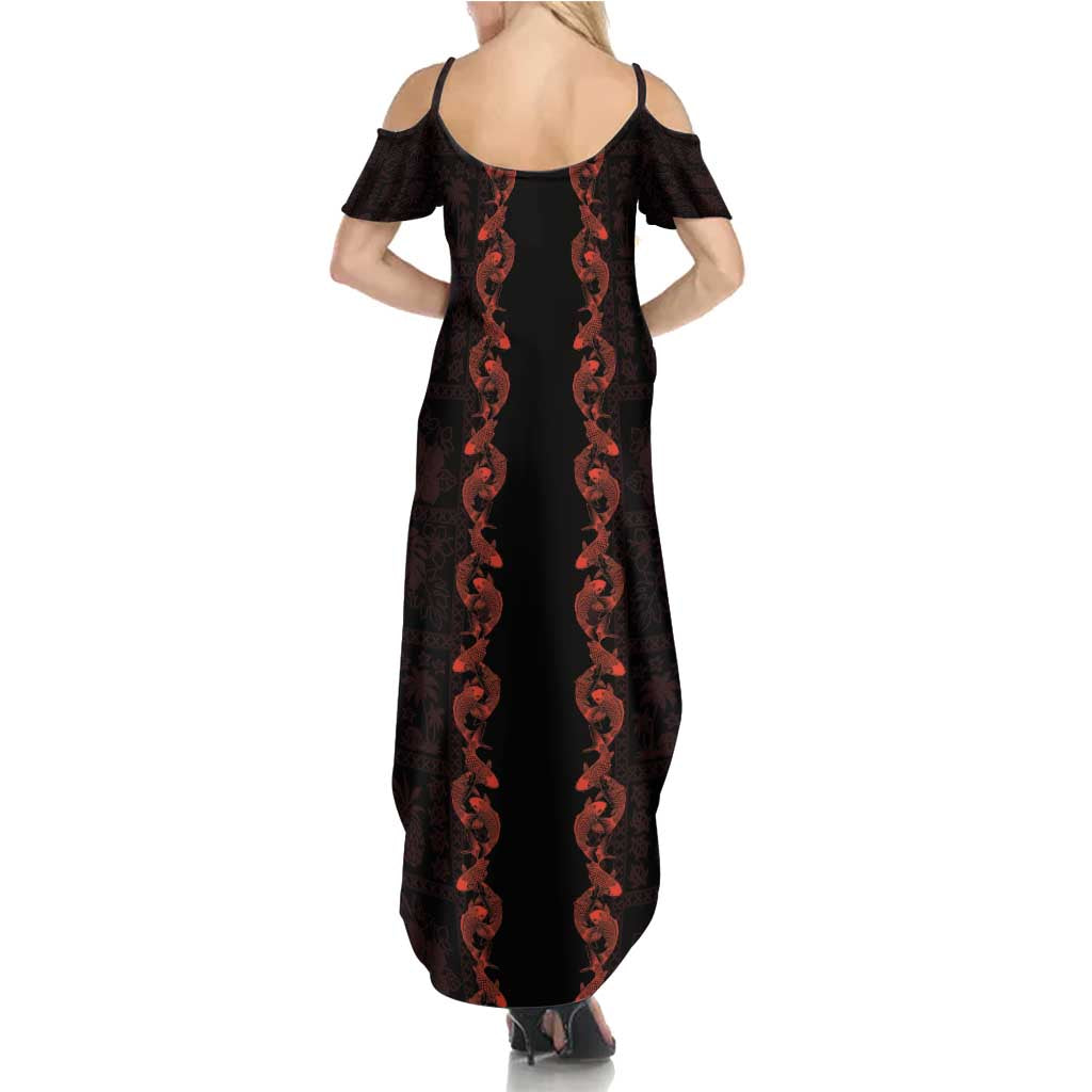 Hawaii Japan Koi Fish Red Summer Maxi Dress Tapa Pattern - Polynesian Pride