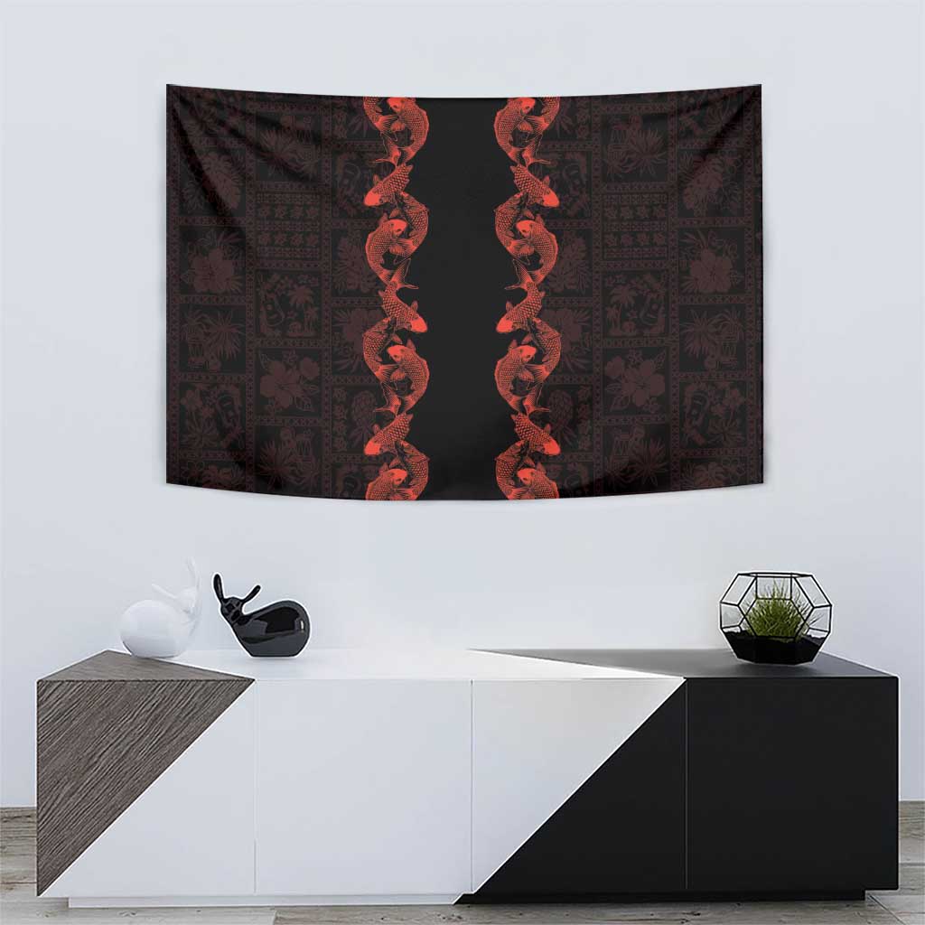 Hawaii Japan Koi Fish Red Tapestry Tapa Pattern - Polynesian Pride