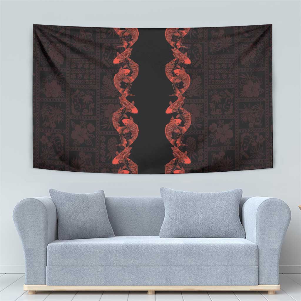 Hawaii Japan Koi Fish Red Tapestry Tapa Pattern - Polynesian Pride