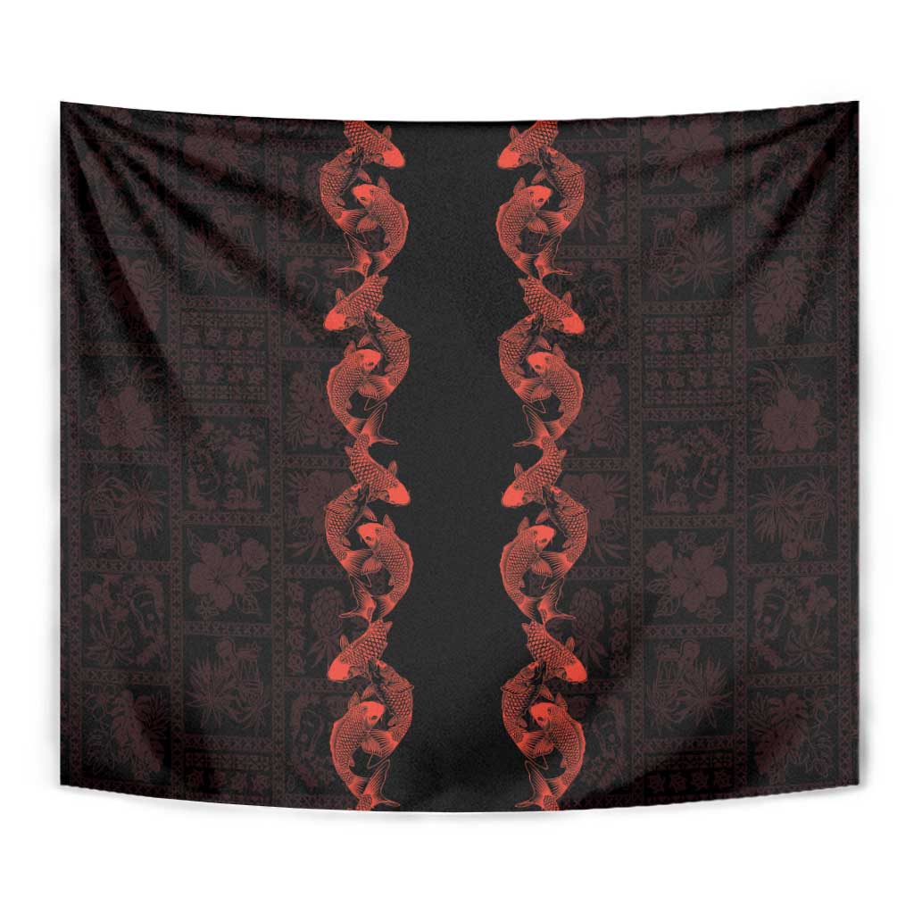 Hawaii Japan Koi Fish Red Tapestry Tapa Pattern - Polynesian Pride
