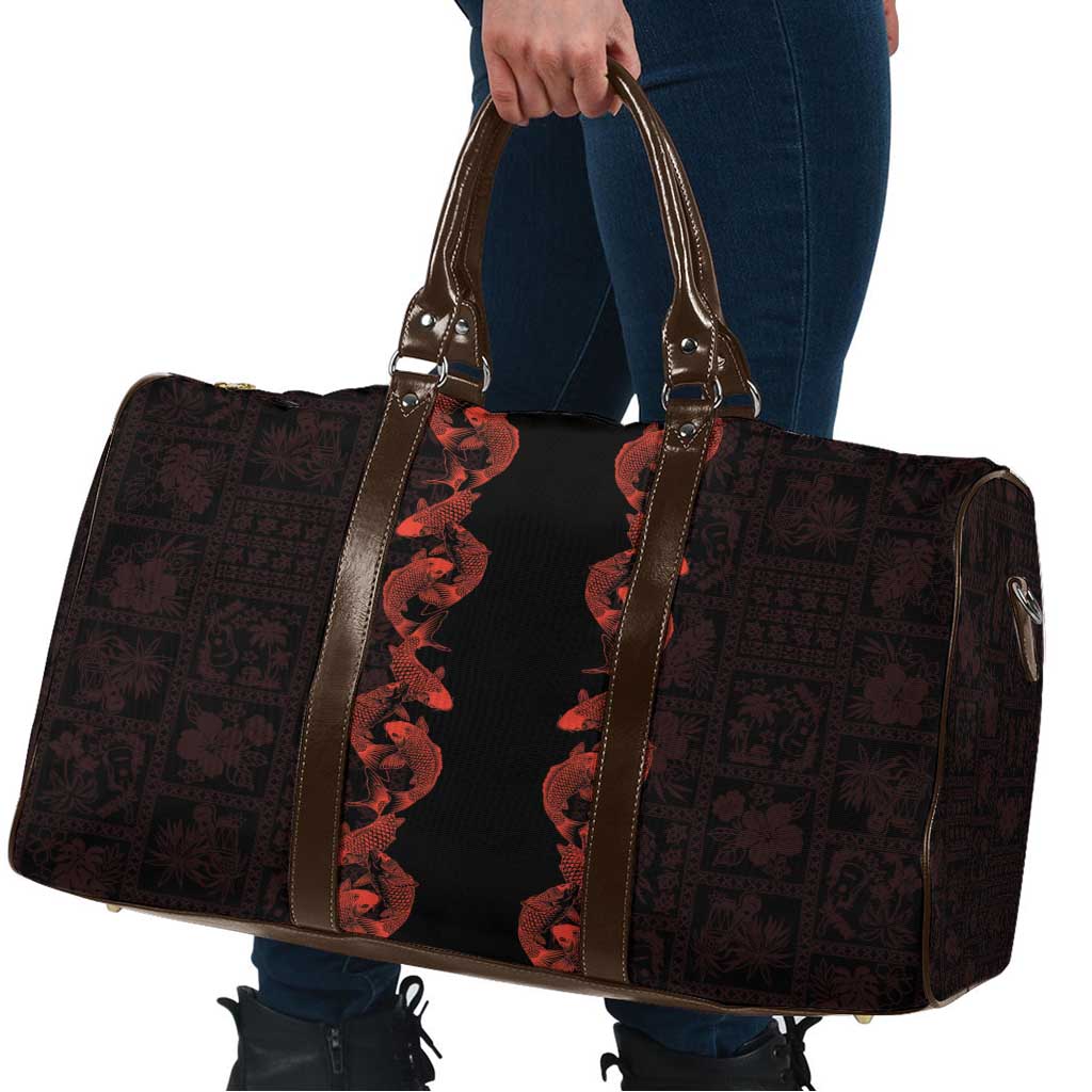 Hawaii Japan Koi Fish Red Travel Bag Tapa Pattern - Polynesian Pride