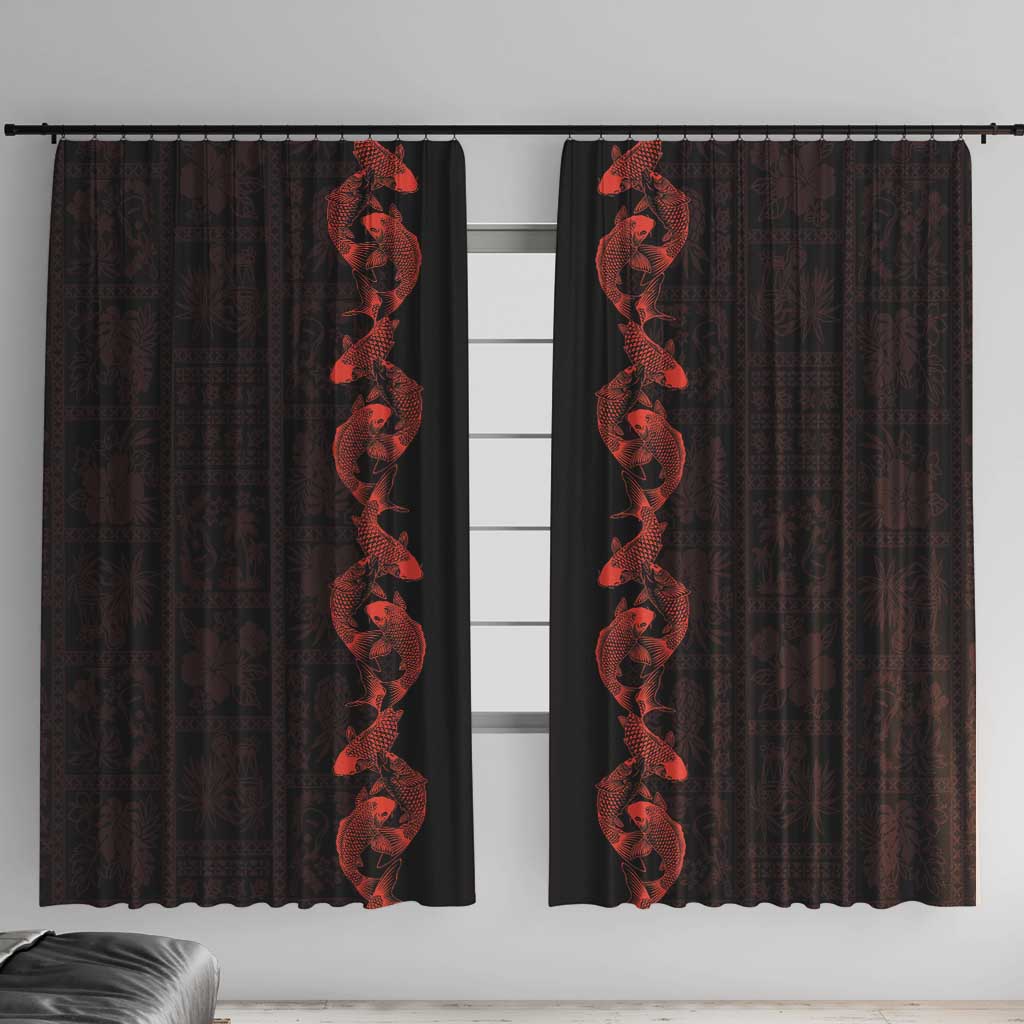 Hawaii Japan Koi Fish Red Window Curtain Tapa Pattern - Polynesian Pride