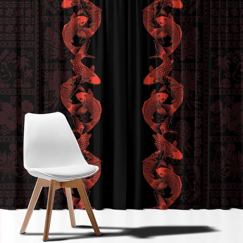 Hawaii Japan Koi Fish Red Window Curtain Tapa Pattern - Polynesian Pride