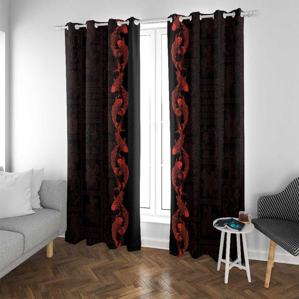 Hawaii Japan Koi Fish Red Window Curtain Tapa Pattern - Polynesian Pride