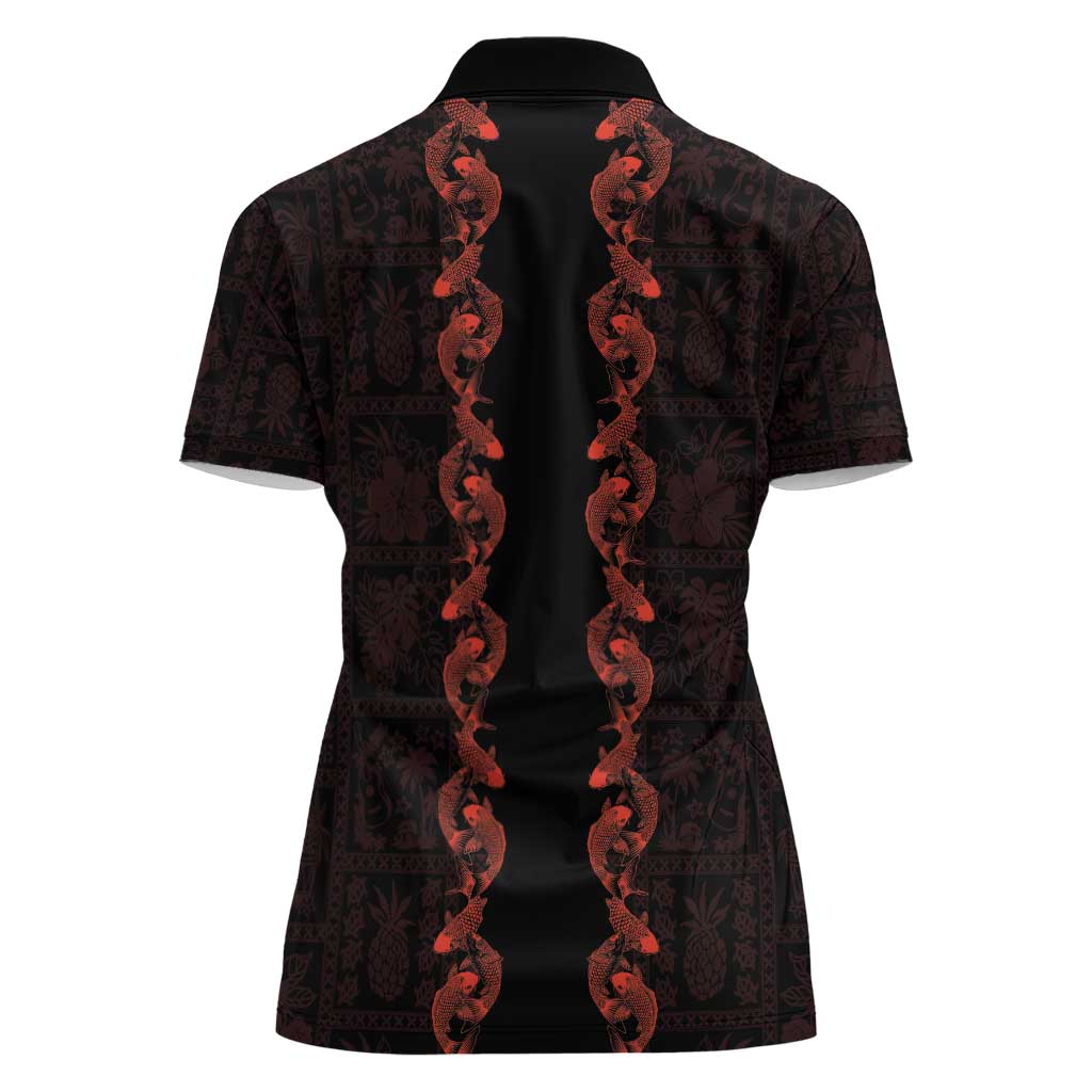 Hawaii Japan Koi Fish Red Women Polo Shirt Tapa Pattern - Polynesian Pride