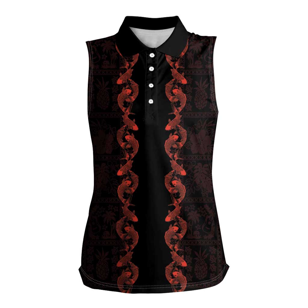 Hawaii Japan Koi Fish Red Women Sleeveless Polo Shirt Tapa Pattern - Polynesian Pride