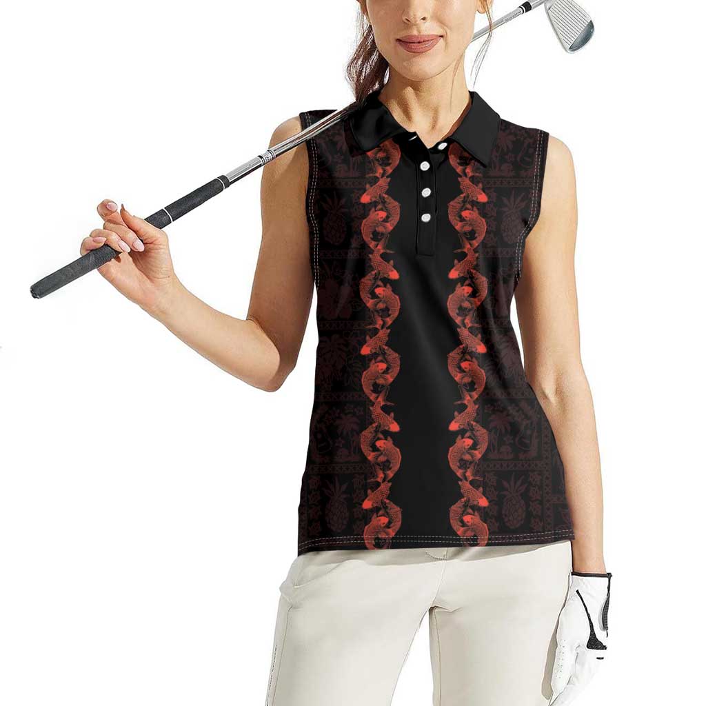 Hawaii Japan Koi Fish Red Women Sleeveless Polo Shirt Tapa Pattern - Polynesian Pride