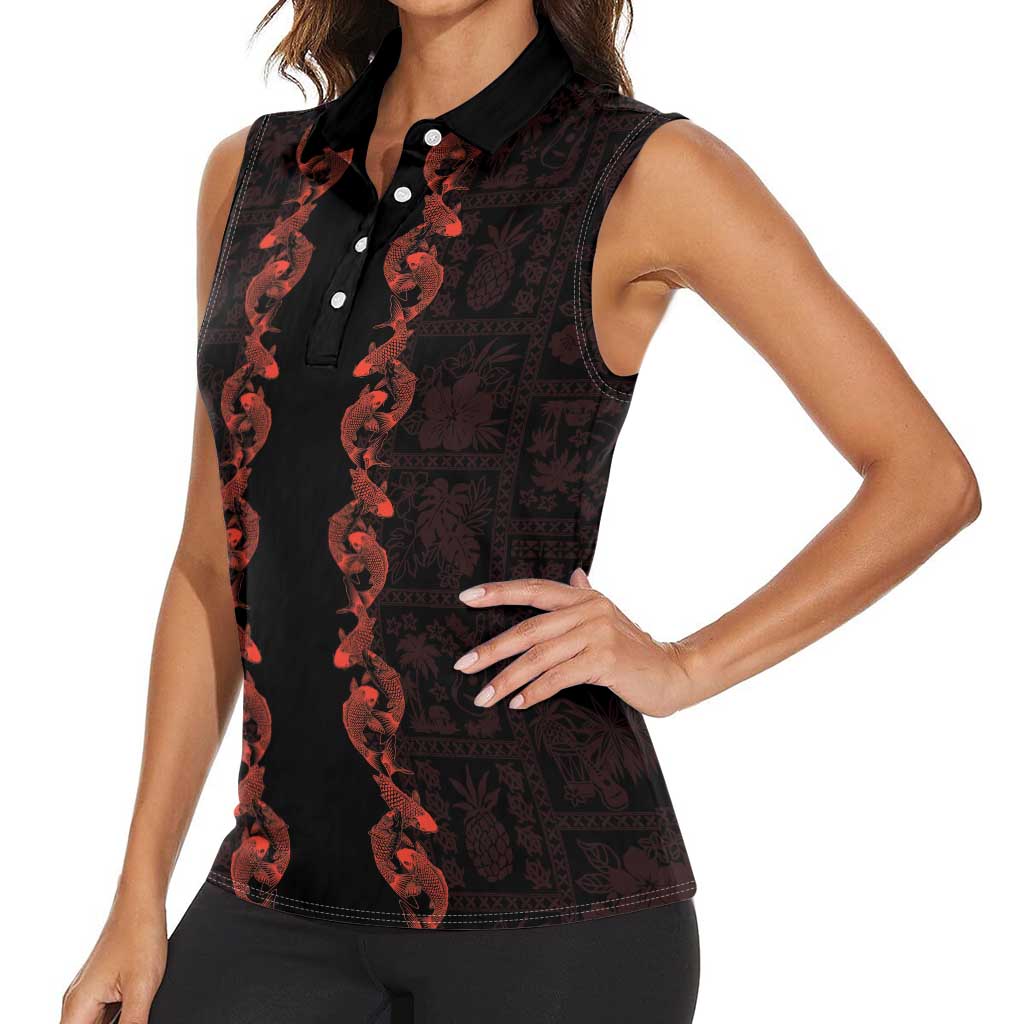 Hawaii Japan Koi Fish Red Women Sleeveless Polo Shirt Tapa Pattern - Polynesian Pride