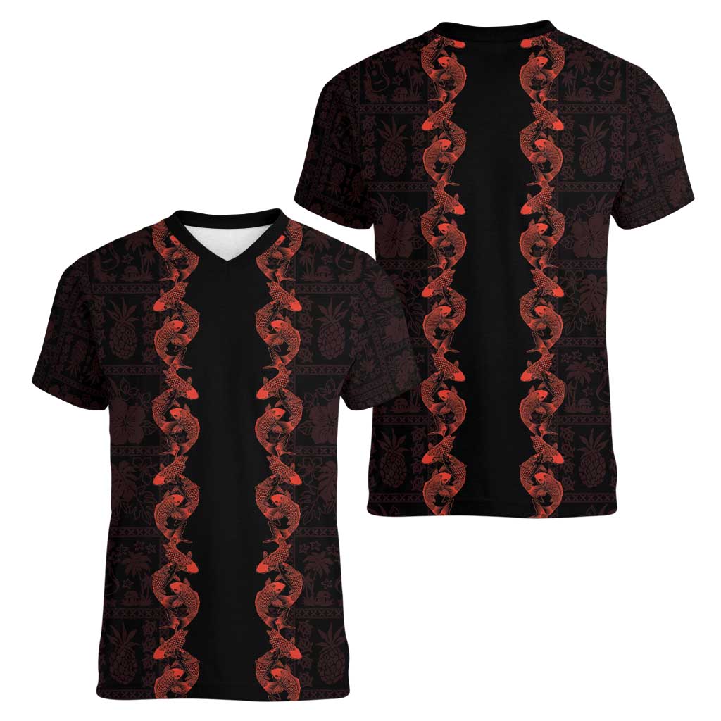 Hawaii Japan Koi Fish Red Women V-Neck T-Shirt Tapa Pattern - Polynesian Pride