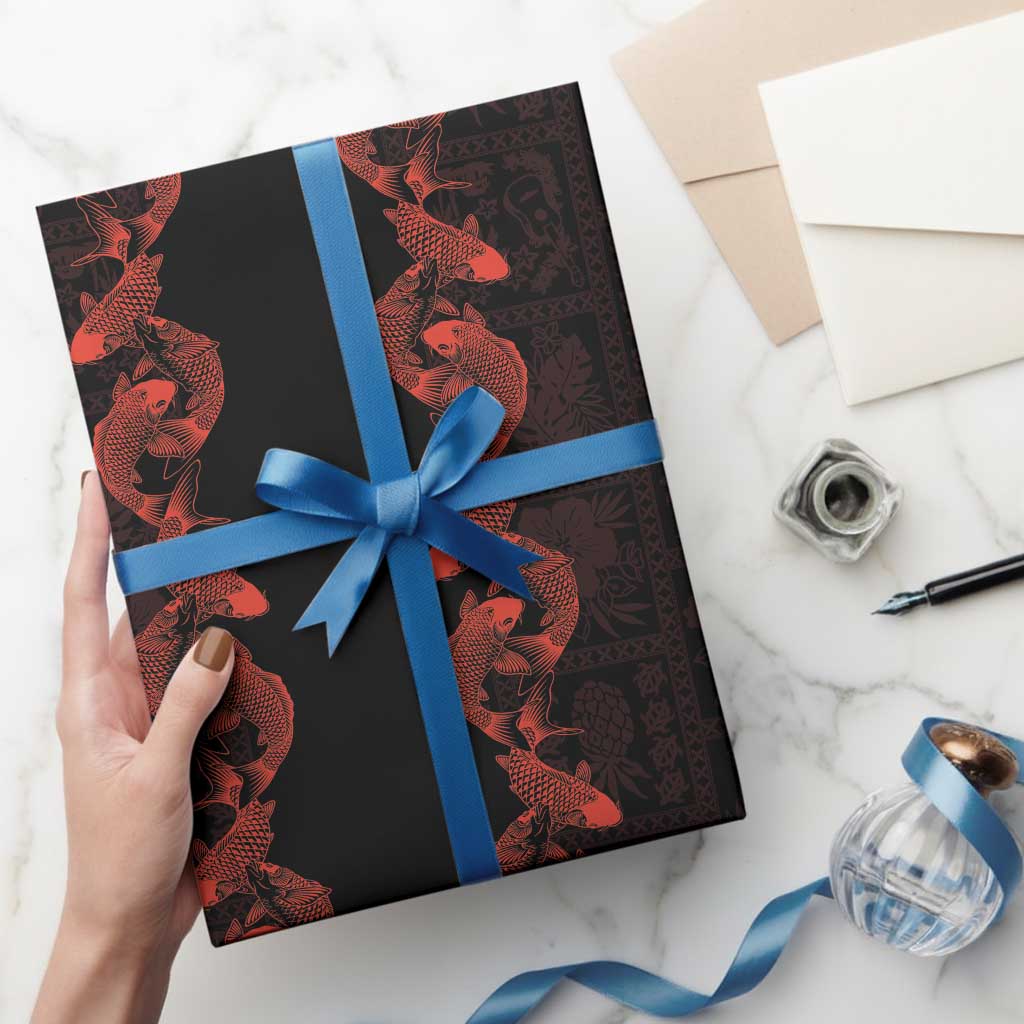 Hawaii Japan Koi Fish Red Wrapping Paper Tapa Pattern