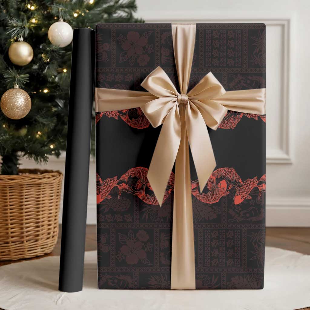 Hawaii Japan Koi Fish Red Wrapping Paper Tapa Pattern