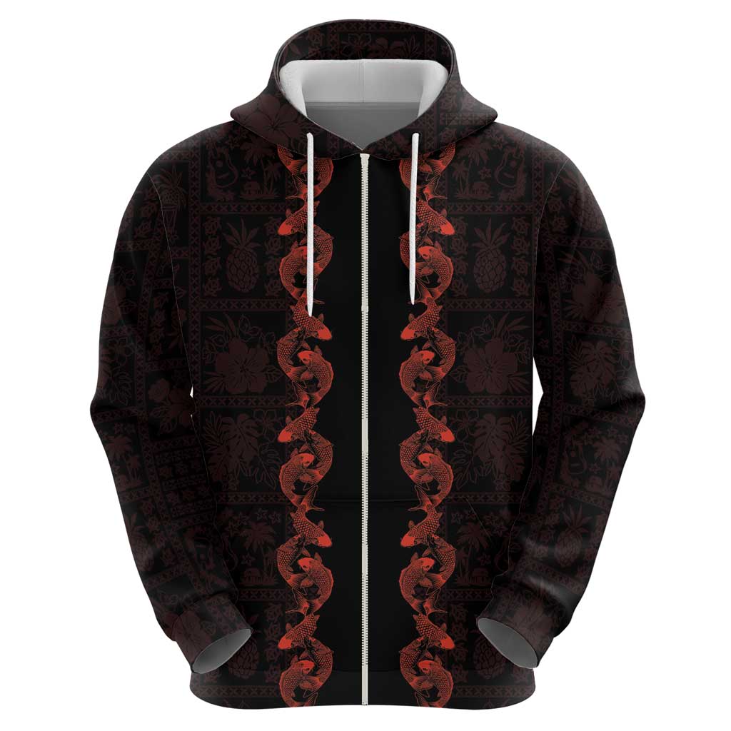 Hawaii Japan Koi Fish Red Zip Hoodie Tapa Pattern - Polynesian Pride