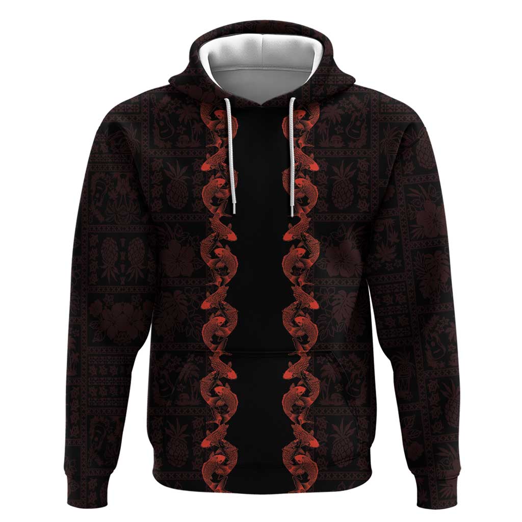 Hawaii Japan Koi Fish Red Zip Hoodie Tapa Pattern - Polynesian Pride