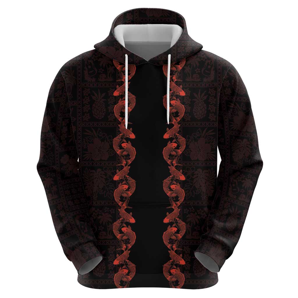 Hawaii Japan Koi Fish Red Zip Hoodie Tapa Pattern - Polynesian Pride