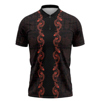 Hawaii Japan Koi Fish Red Zipper Polo Shirt Tapa Pattern - Polynesian Pride