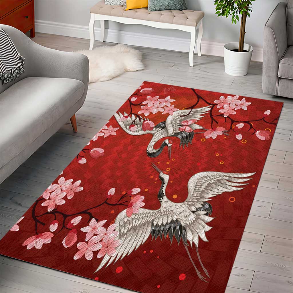 Hawaii Japan Cranes Sakura Flower Red Area Rug Japan Heritage Spirit - Polynesian Pride