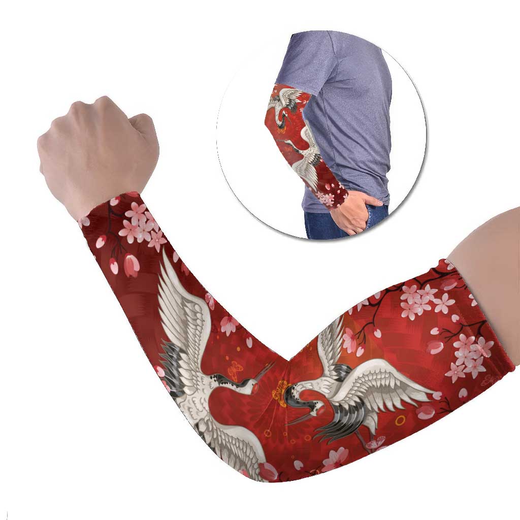 Hawaii Japan Cranes Sakura Flower Red Arm Sleeves Japan Heritage Spirit - Polynesian Pride